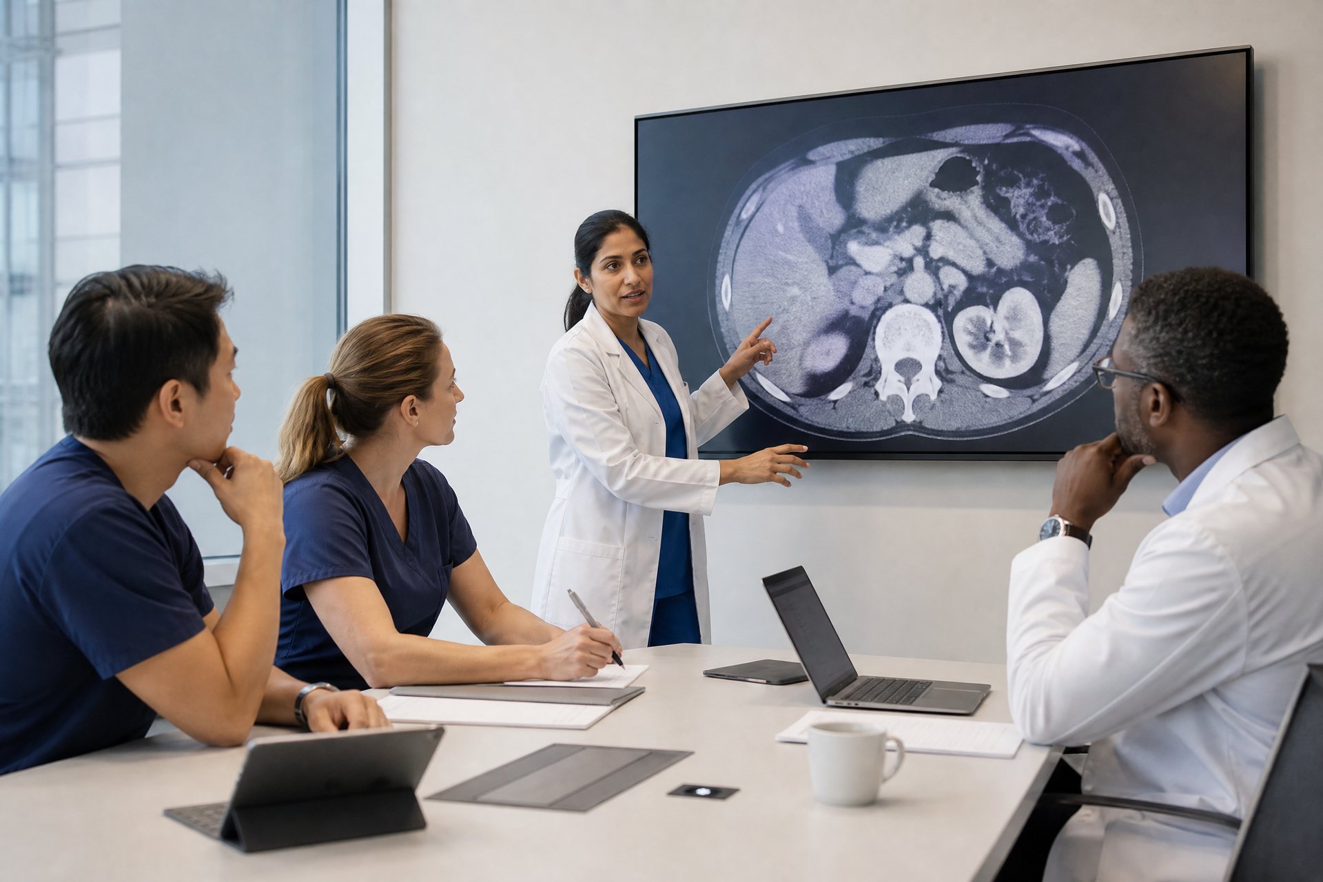 Medical professionals reviewing a specialty case during a hospital conference
